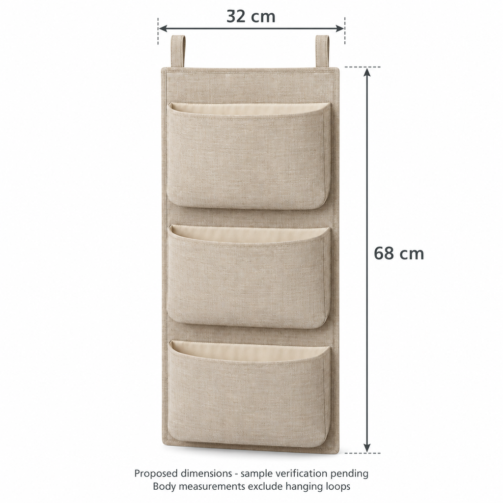 Natural Oat 3-Pocket Hanging Storage Organiser showing proposed design dimensions