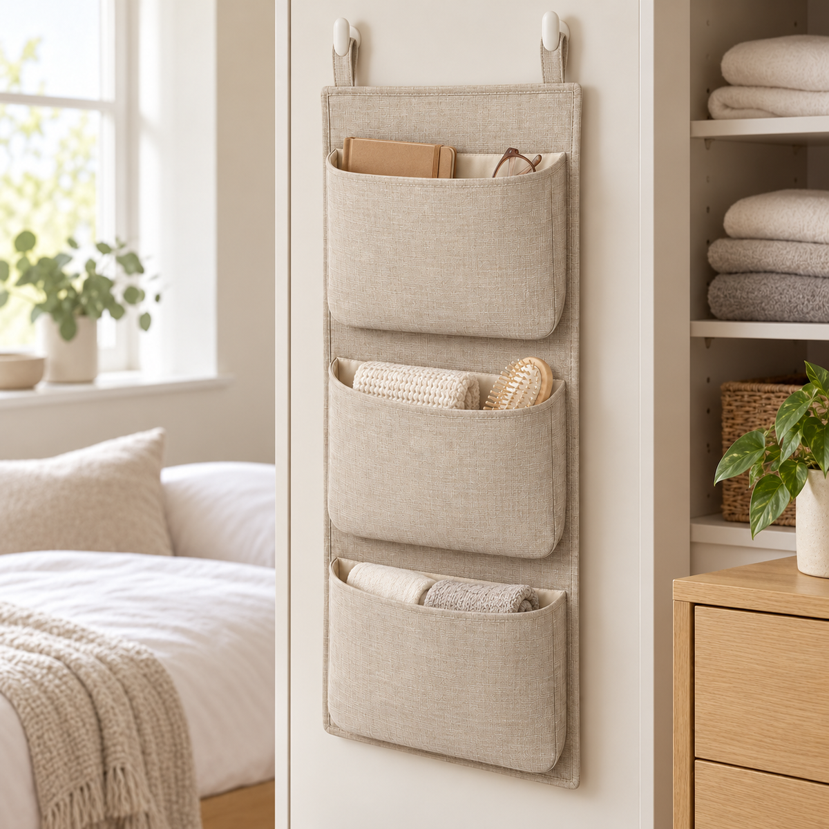Natural Oat 3-Pocket Hanging Storage Organiser in a bedroom storage setting