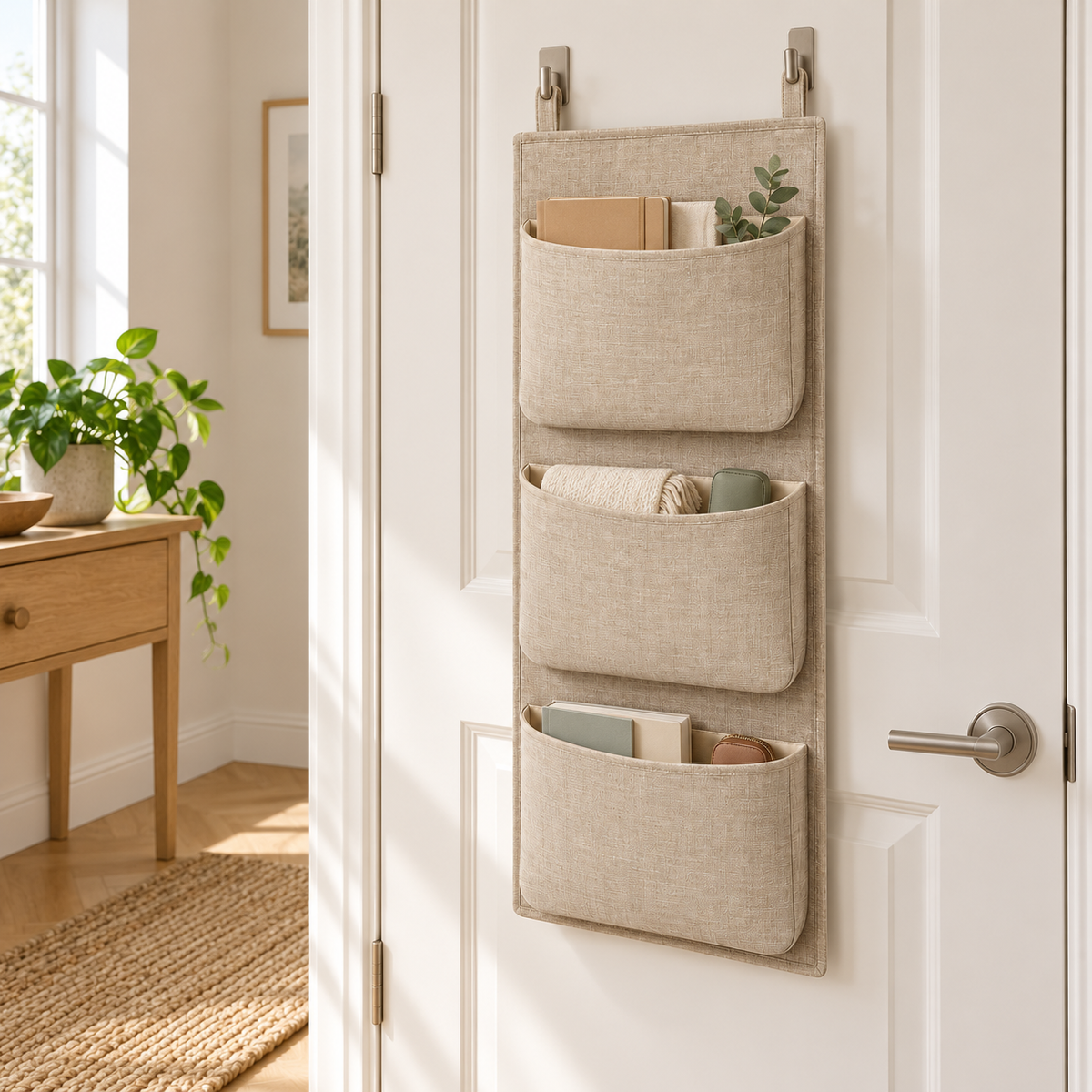 Natural Oat 3-Pocket Hanging Storage Organiser in a home organisation setting
