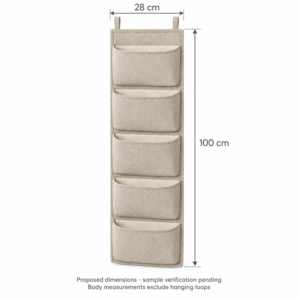 Natural Oat 5-Pocket Narrow Hanging Storage Organiser showing proposed design dimensions