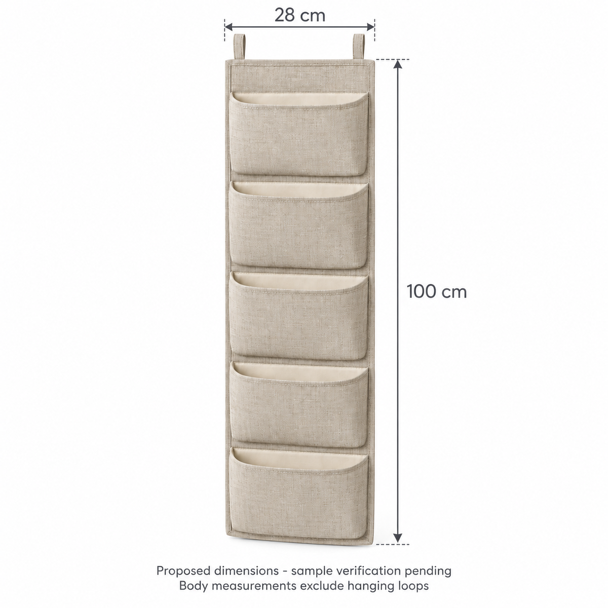 Natural Oat 5-Pocket Narrow Hanging Storage Organiser showing proposed design dimensions