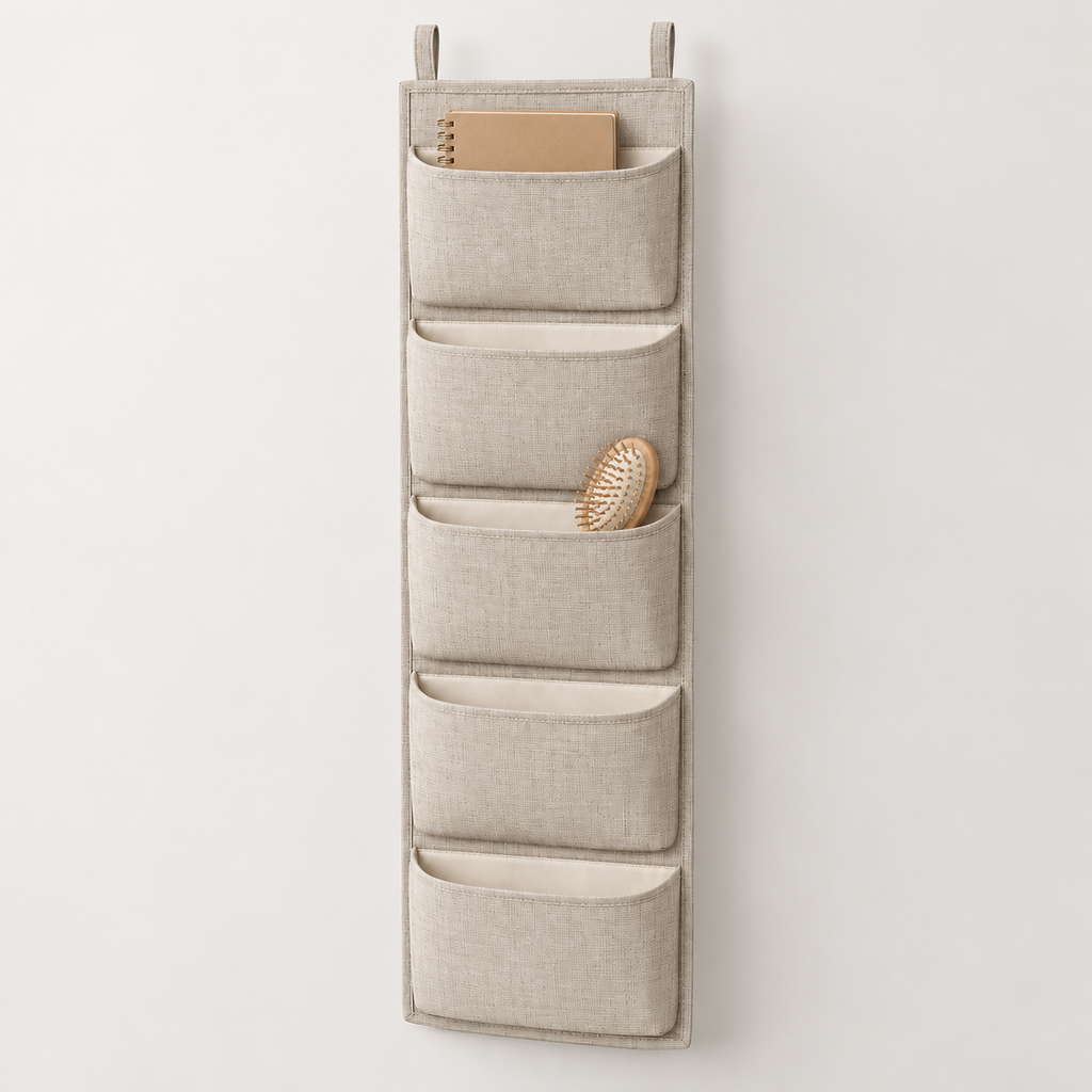 Natural Oat 5-Pocket Narrow Hanging Storage Organiser showing pocket openings and hanging structure