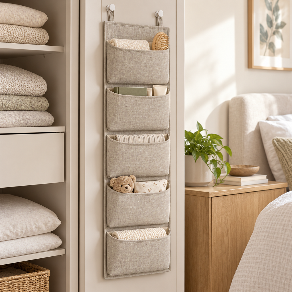 Natural Oat 5-Pocket Narrow Hanging Storage Organiser in a bedroom storage setting