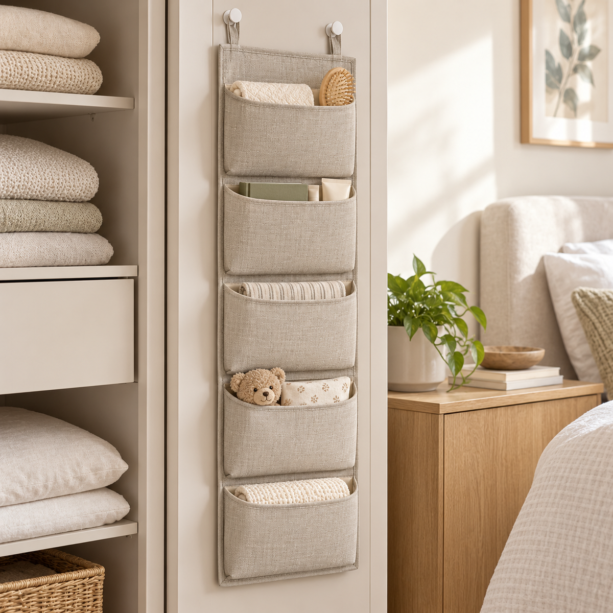 Natural Oat 5-Pocket Narrow Hanging Storage Organiser in a bedroom storage setting