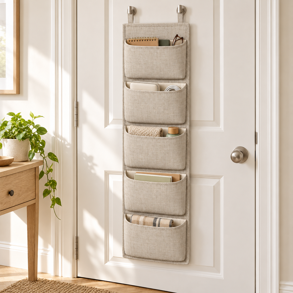 Natural Oat 5-Pocket Narrow Hanging Storage Organiser in a home organisation setting