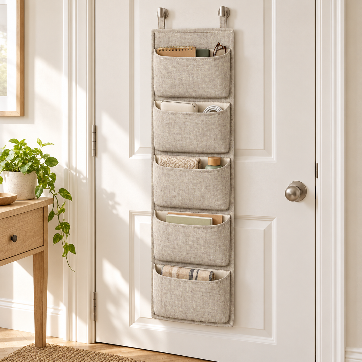 Natural Oat 5-Pocket Narrow Hanging Storage Organiser in a home organisation setting