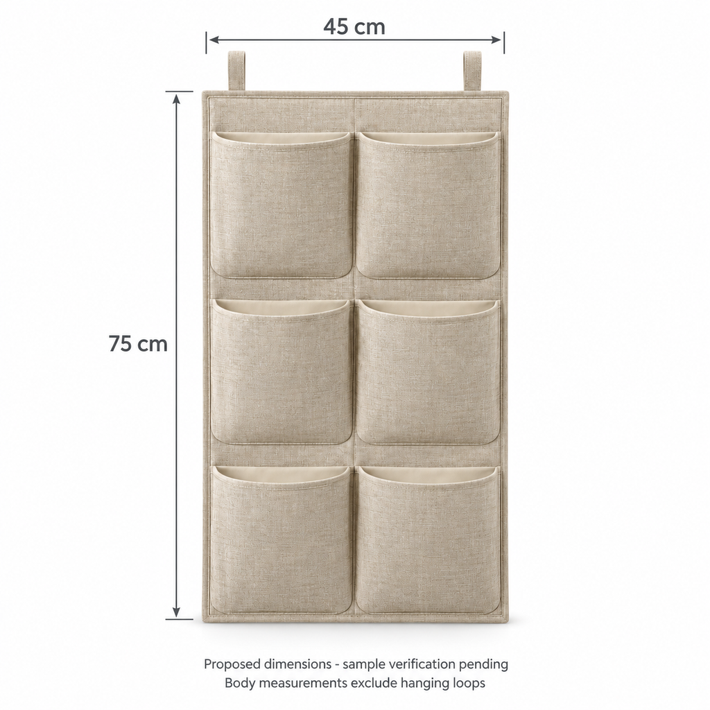 Natural Oat 6-Pocket Hanging Storage Organiser showing proposed design dimensions