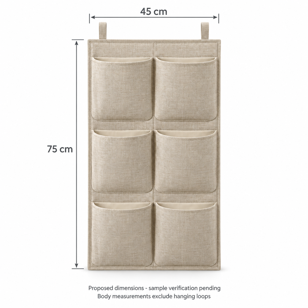 Natural Oat 6-Pocket Hanging Storage Organiser showing proposed design dimensions