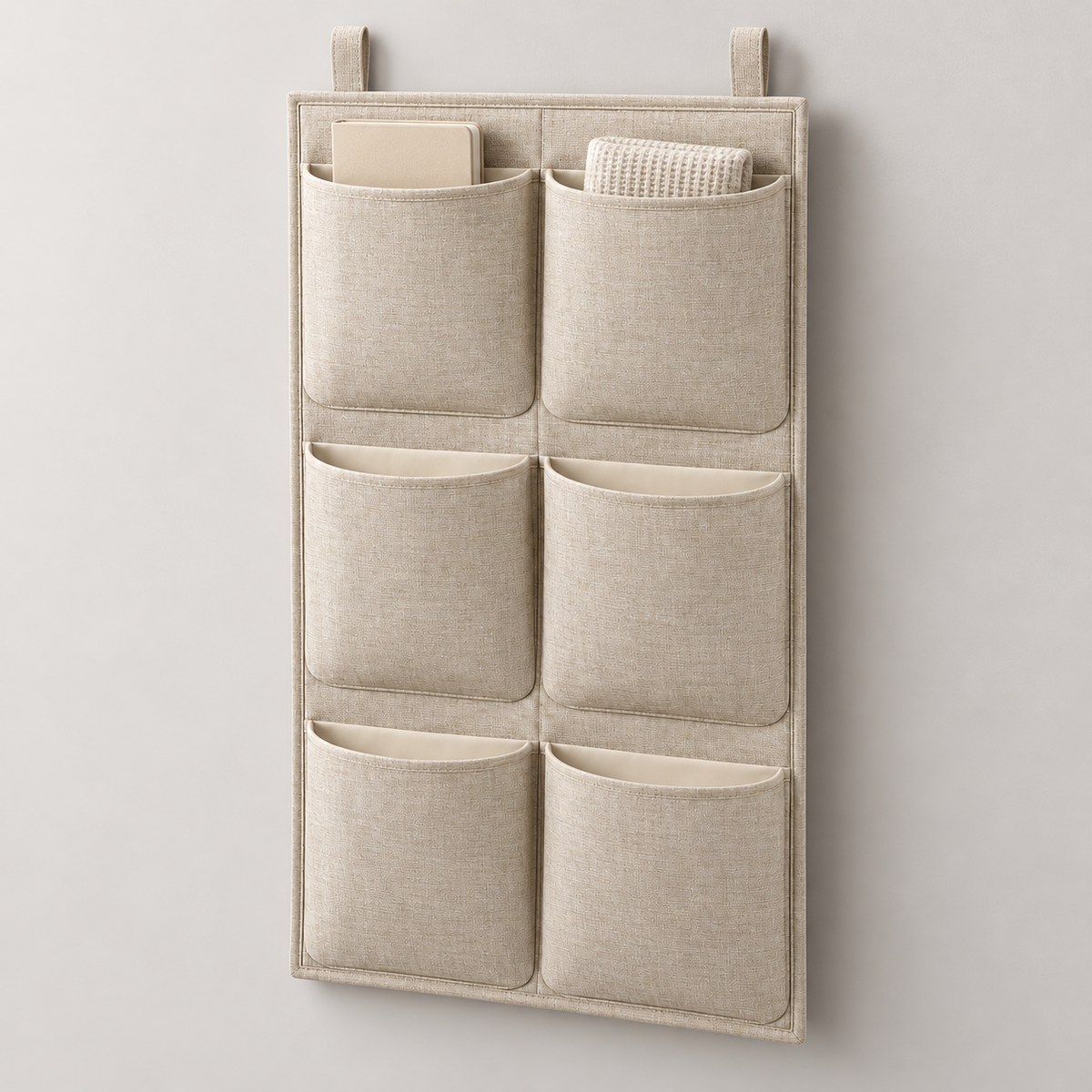 Natural Oat 6-Pocket Hanging Storage Organiser showing pocket openings and hanging structure