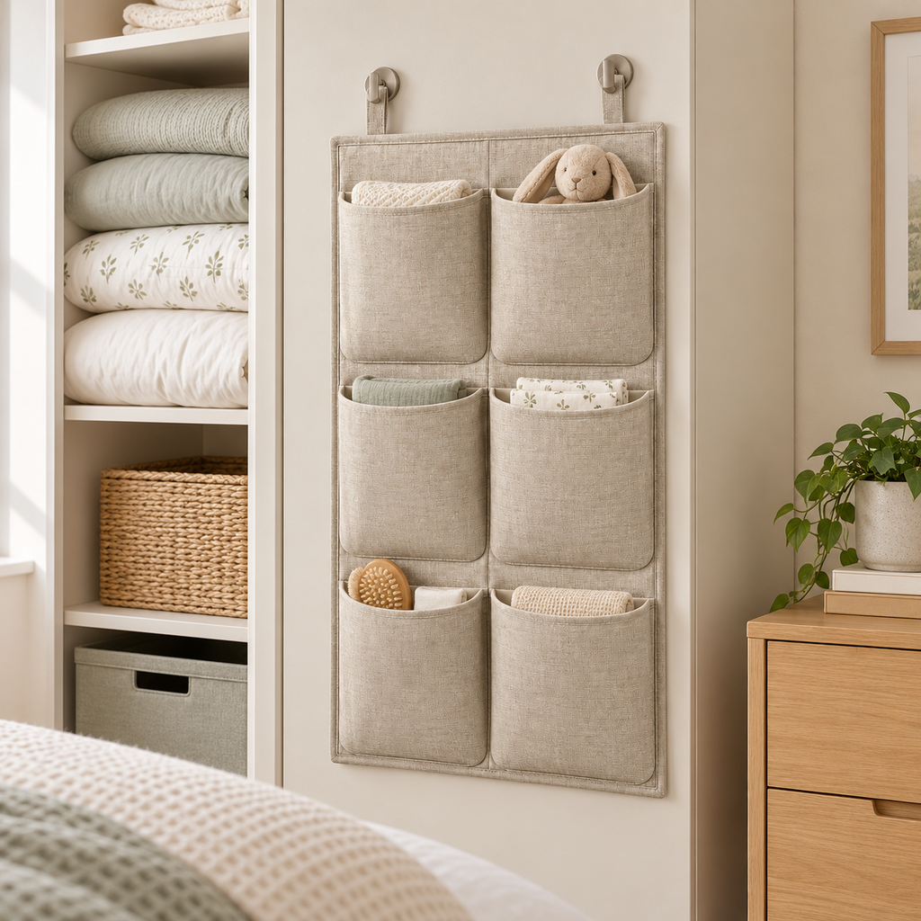 Natural Oat 6-Pocket Hanging Storage Organiser in a bedroom storage setting