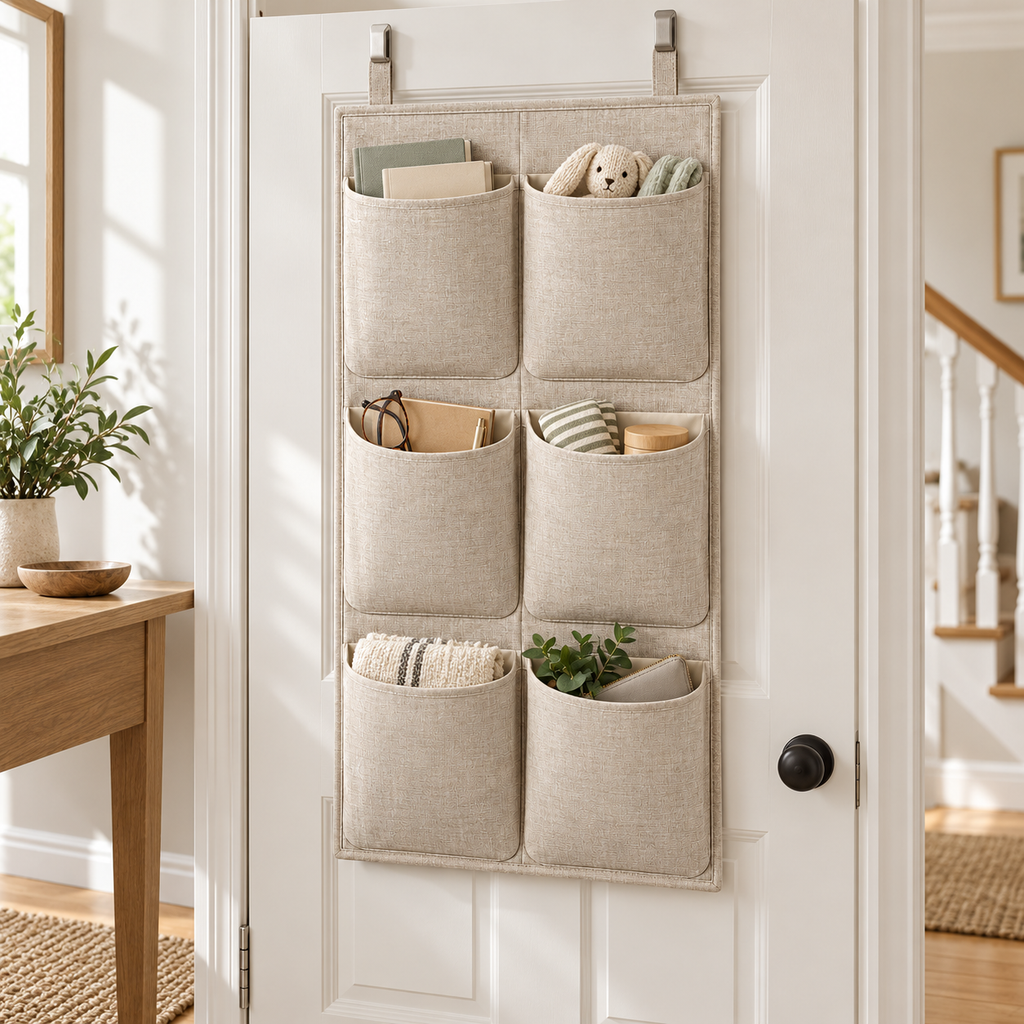 Natural Oat 6-Pocket Hanging Storage Organiser in a home organisation setting