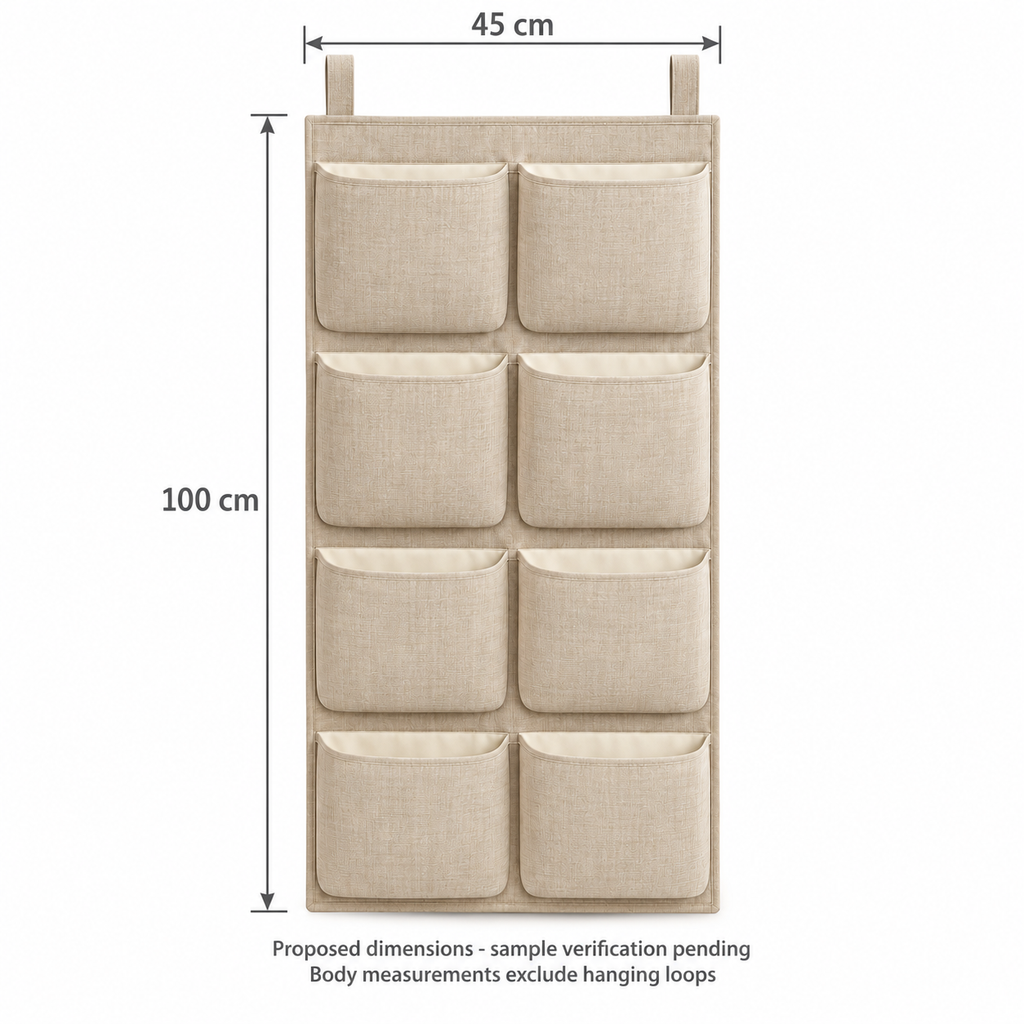 Natural Oat 8-Pocket Hanging Storage Organiser showing proposed design dimensions