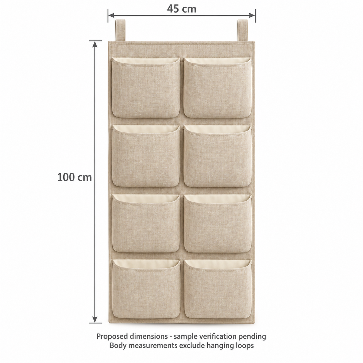 Natural Oat 8-Pocket Hanging Storage Organiser showing proposed design dimensions