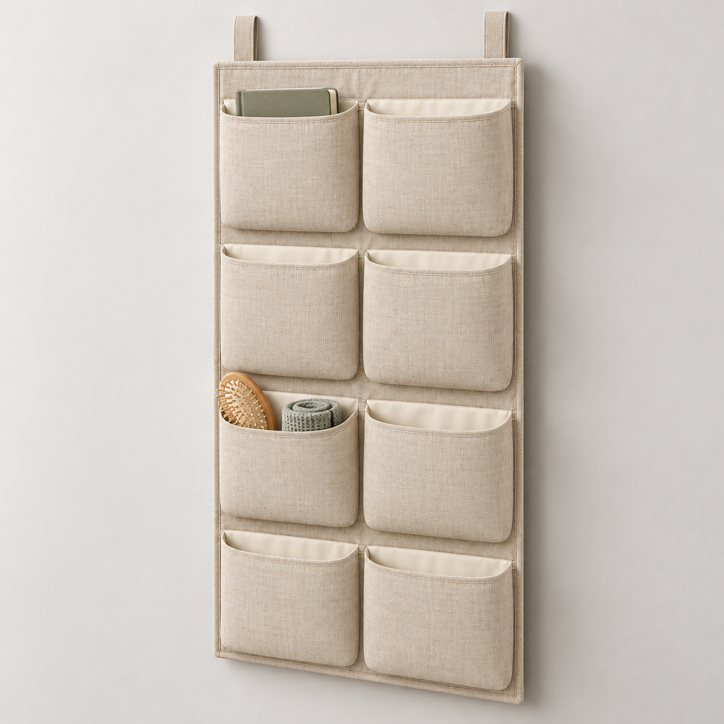 Natural Oat 8-Pocket Hanging Storage Organiser showing pocket openings and hanging structure