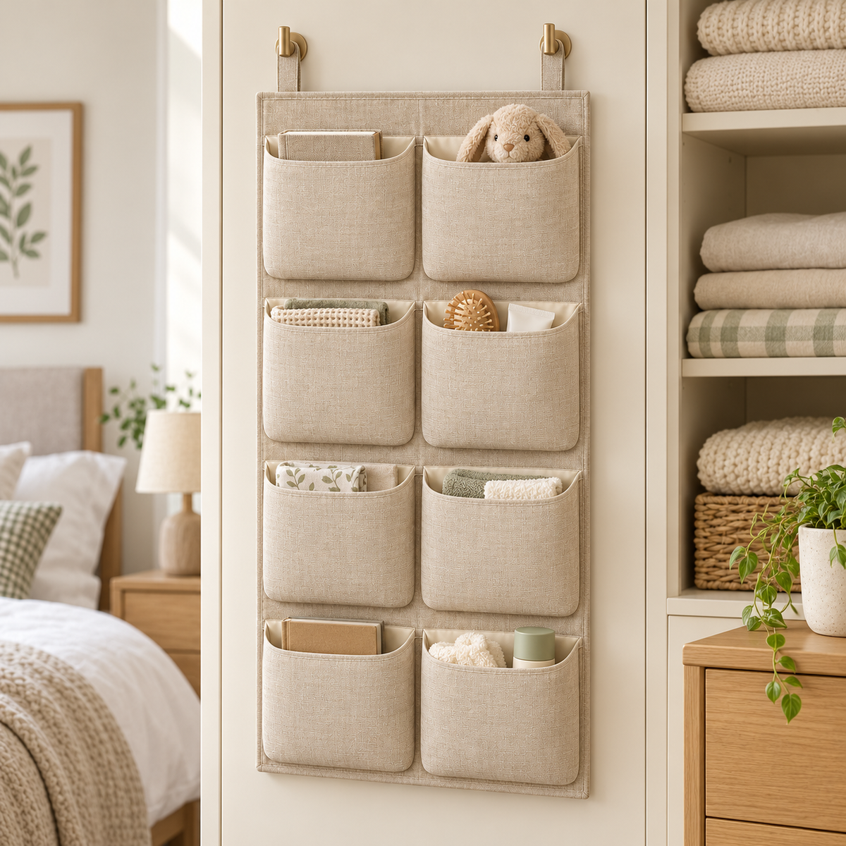 Natural Oat 8-Pocket Hanging Storage Organiser in a bedroom storage setting