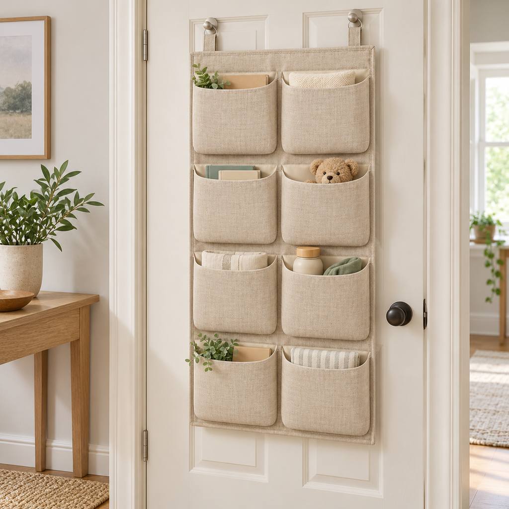 Natural Oat 8-Pocket Hanging Storage Organiser in a home organisation setting