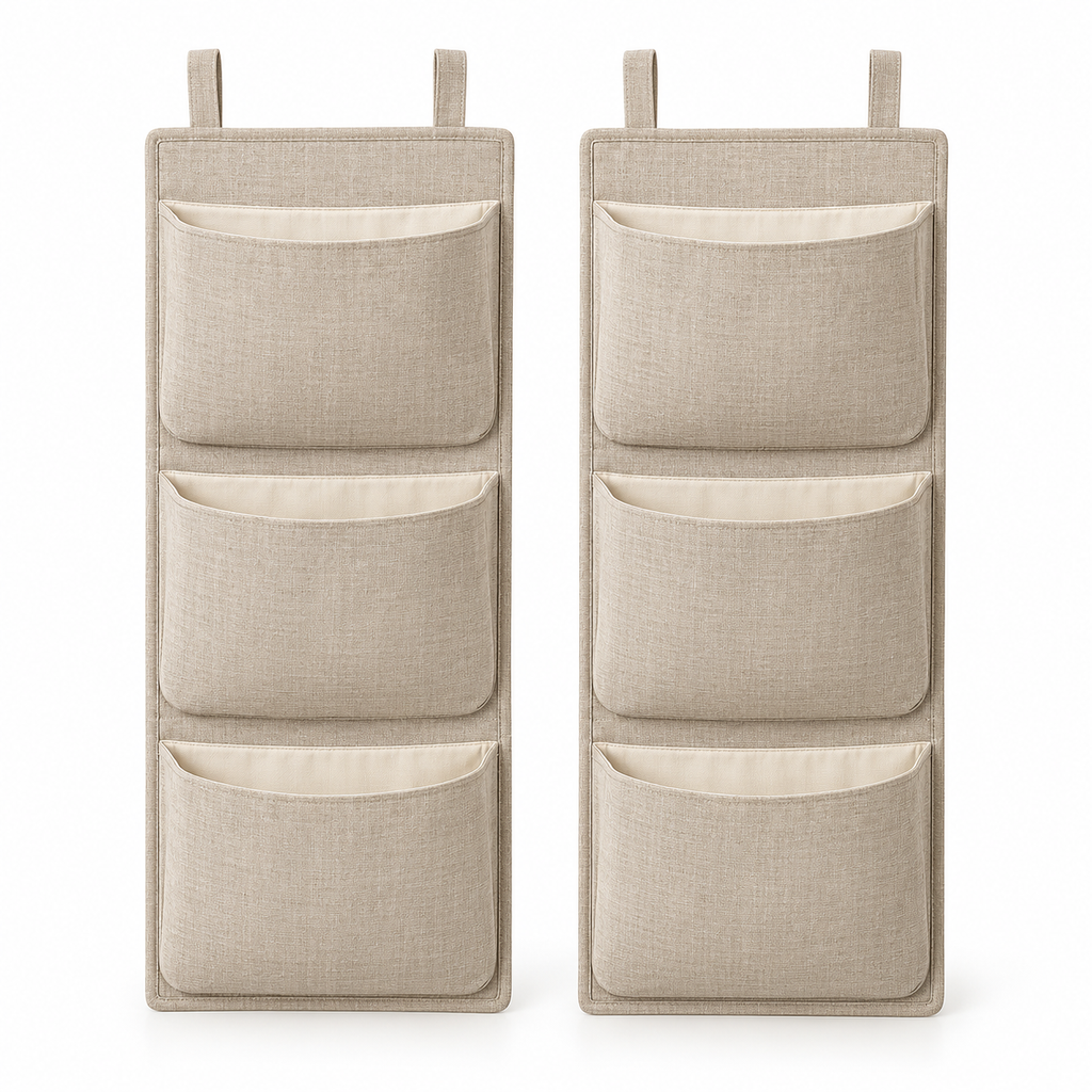 Natural Oat 3-Pocket Hanging Storage Organiser, 2-Piece Set on a white background