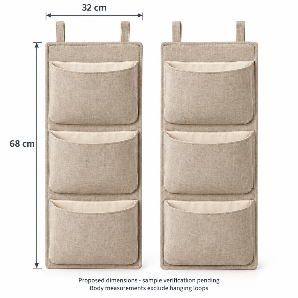Natural Oat 3-Pocket Hanging Storage Organiser, 2-Piece Set showing proposed design dimensions