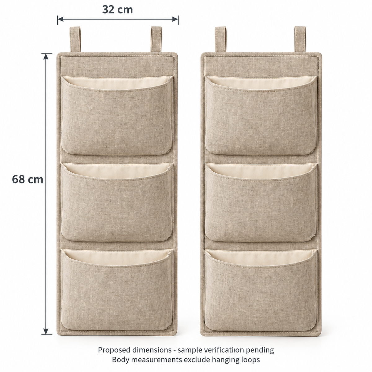 Natural Oat 3-Pocket Hanging Storage Organiser, 2-Piece Set showing proposed design dimensions