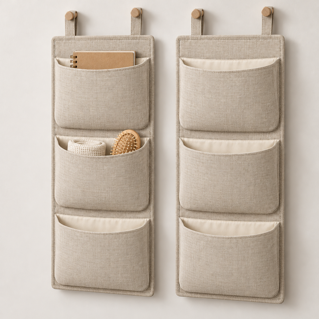 Natural Oat 3-Pocket Hanging Storage Organiser, 2-Piece Set showing pocket openings and hanging structure
