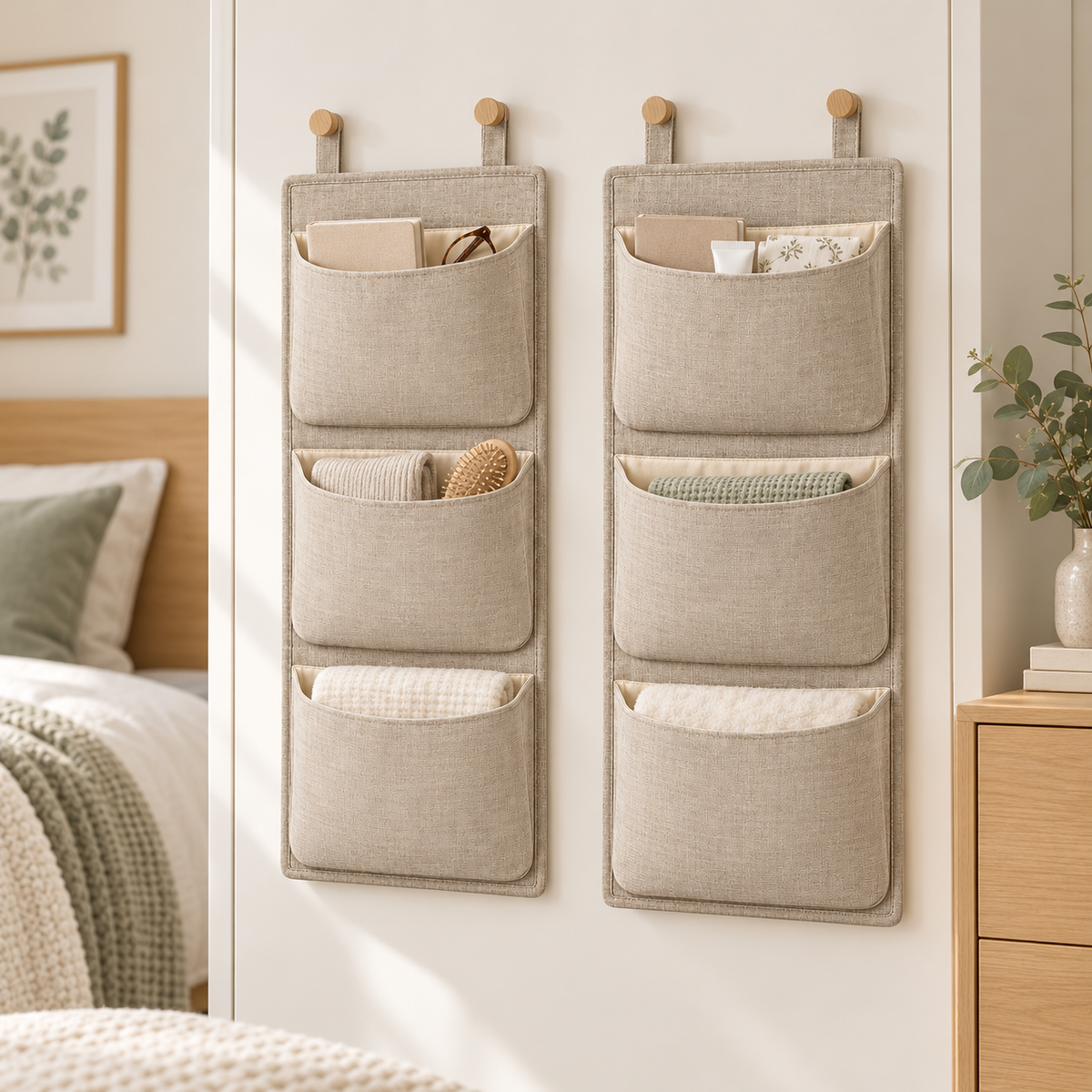 Natural Oat 3-Pocket Hanging Storage Organiser, 2-Piece Set in a bedroom storage setting