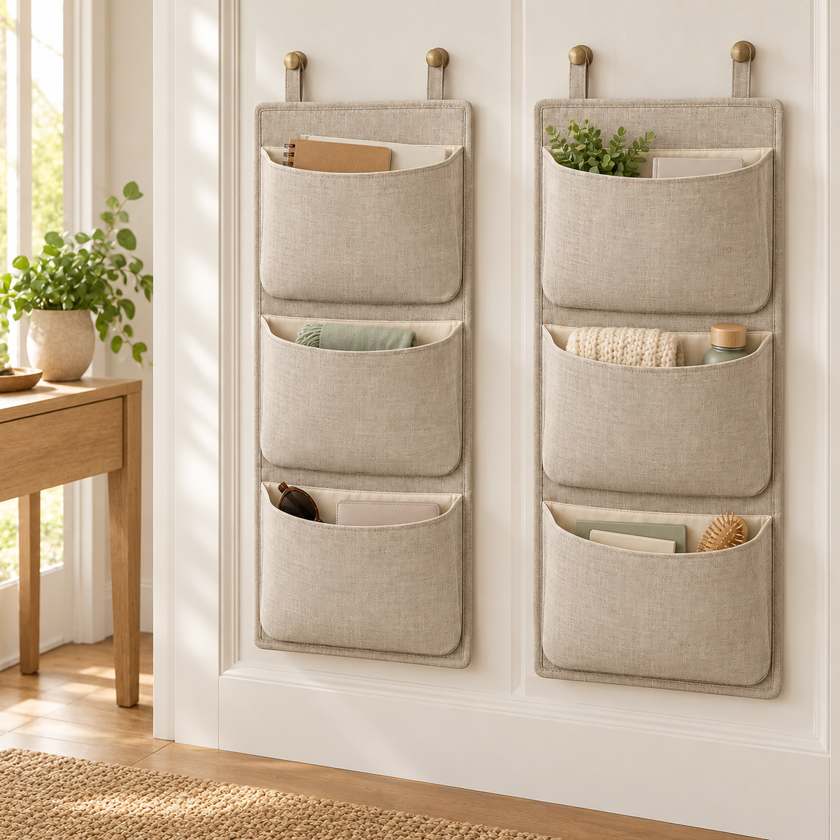 Natural Oat 3-Pocket Hanging Storage Organiser, 2-Piece Set in a home organisation setting