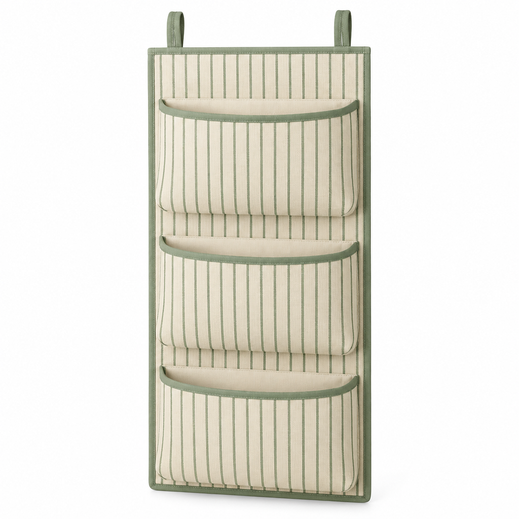 Sage Stripe 3-Pocket Hanging Storage Organiser on a white background