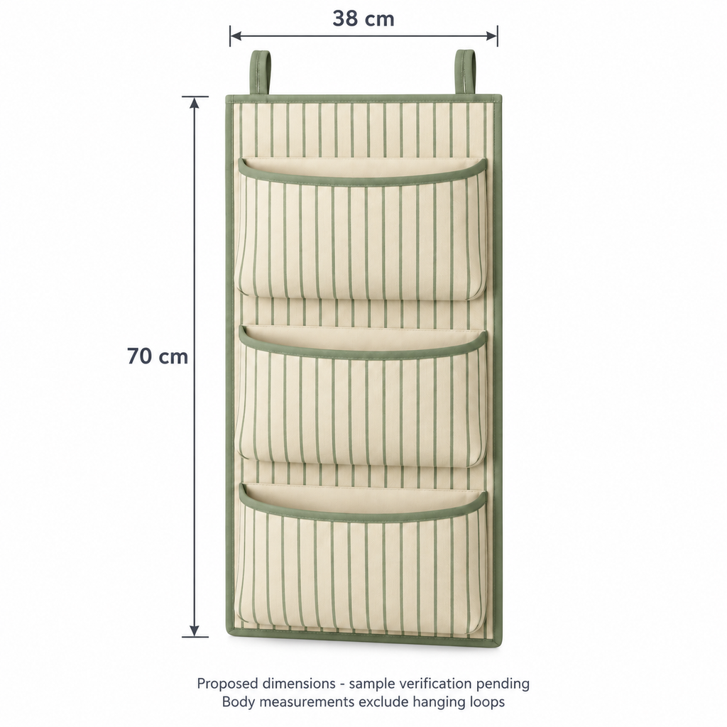 Sage Stripe 3-Pocket Hanging Storage Organiser showing proposed design dimensions