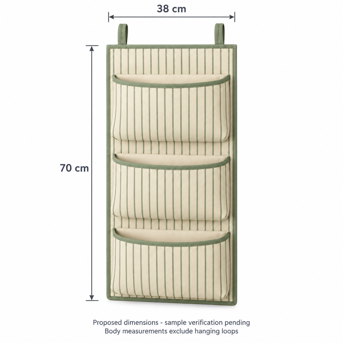 Sage Stripe 3-Pocket Hanging Storage Organiser showing proposed design dimensions