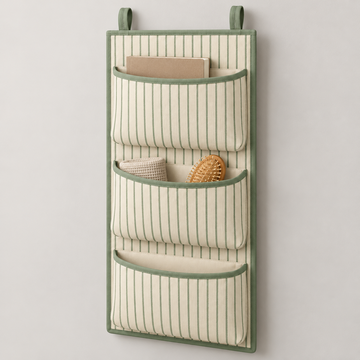 Sage Stripe 3-Pocket Hanging Storage Organiser showing pocket openings and hanging structure