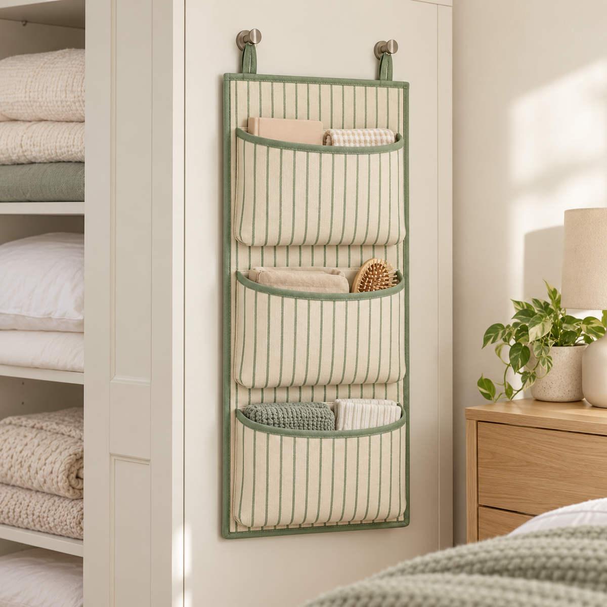 Sage Stripe 3-Pocket Hanging Storage Organiser in a bedroom storage setting