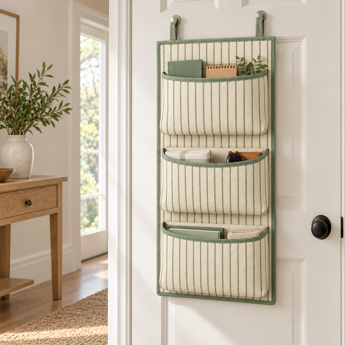 Sage Stripe 3-Pocket Hanging Storage Organiser in a home organisation setting