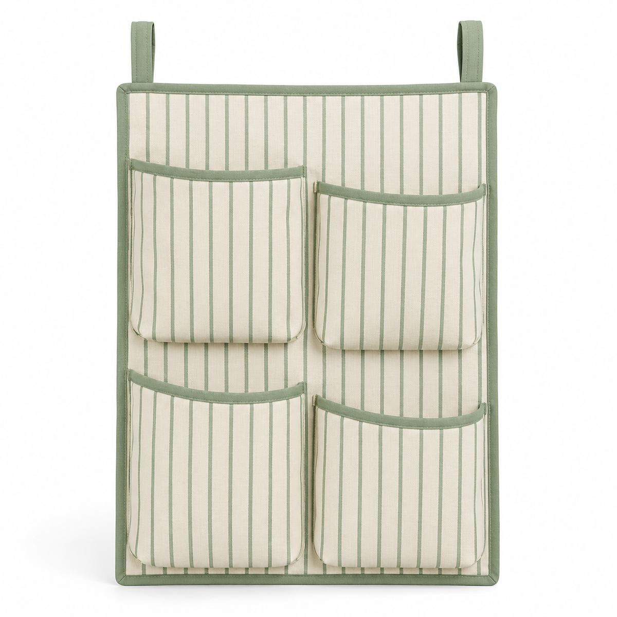 Sage Stripe 4-Pocket Hanging Storage Organiser on a white background