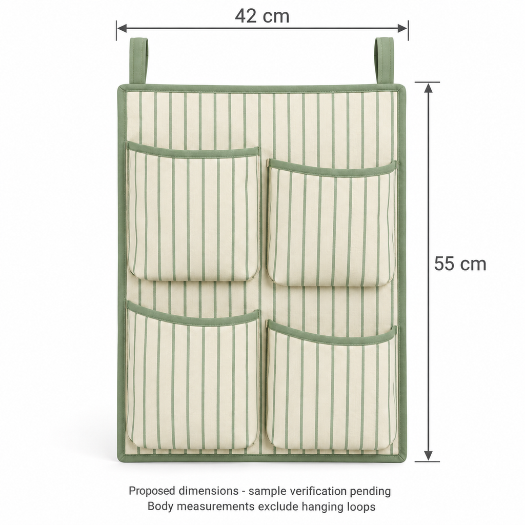 Sage Stripe 4-Pocket Hanging Storage Organiser showing proposed design dimensions