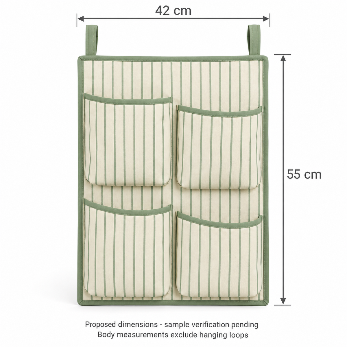 Sage Stripe 4-Pocket Hanging Storage Organiser showing proposed design dimensions
