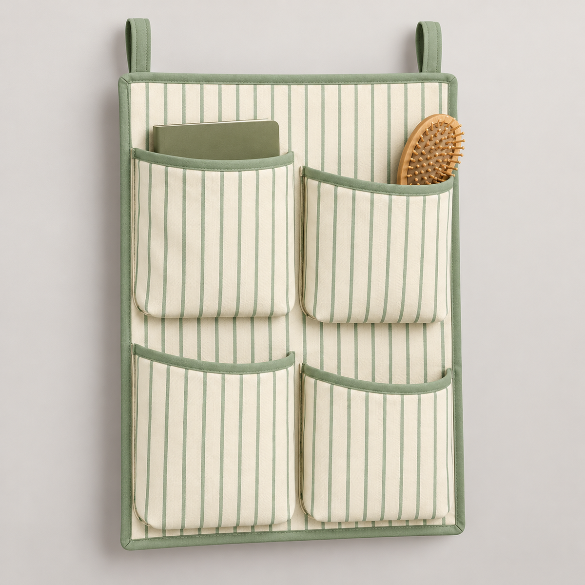 Sage Stripe 4-Pocket Hanging Storage Organiser showing pocket openings and hanging structure