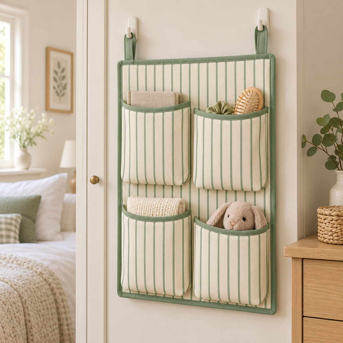 Sage Stripe 4-Pocket Hanging Storage Organiser in a bedroom storage setting