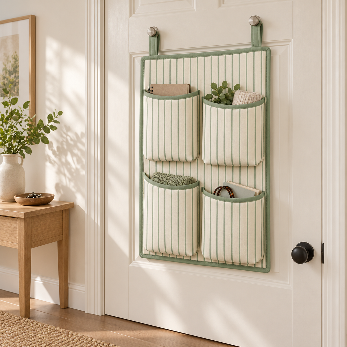Sage Stripe 4-Pocket Hanging Storage Organiser in a home organisation setting