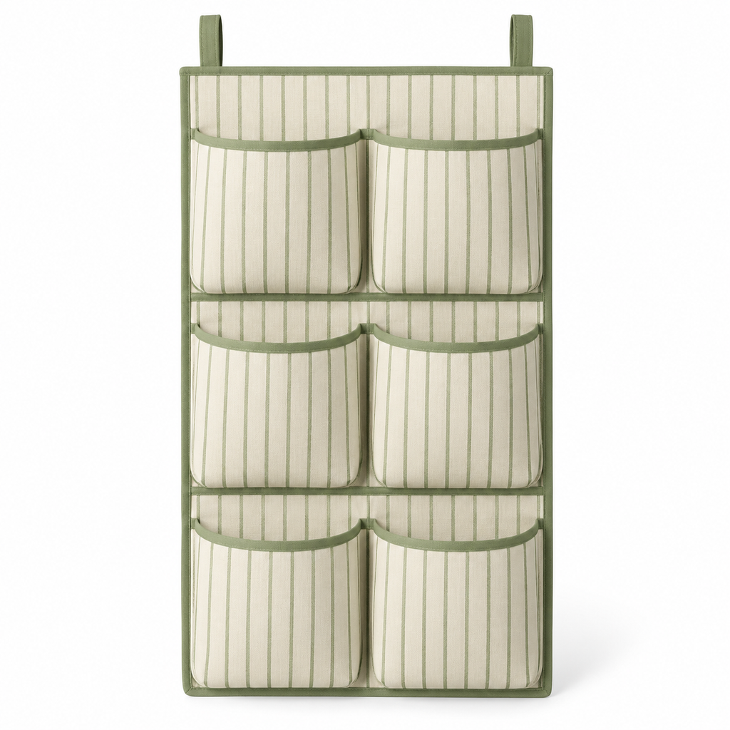 Sage Stripe 6-Pocket Hanging Storage Organiser on a white background