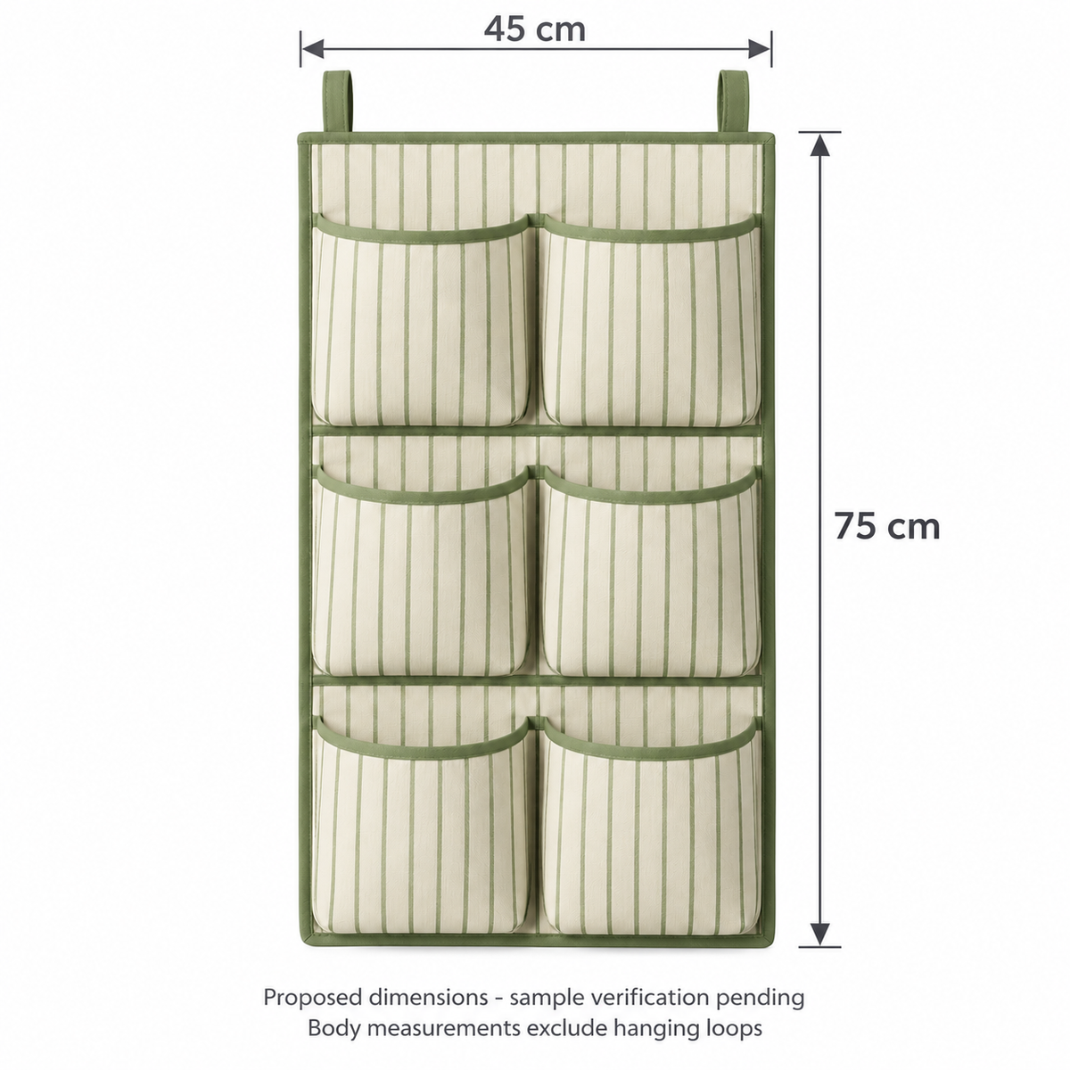 Sage Stripe 6-Pocket Hanging Storage Organiser showing proposed design dimensions