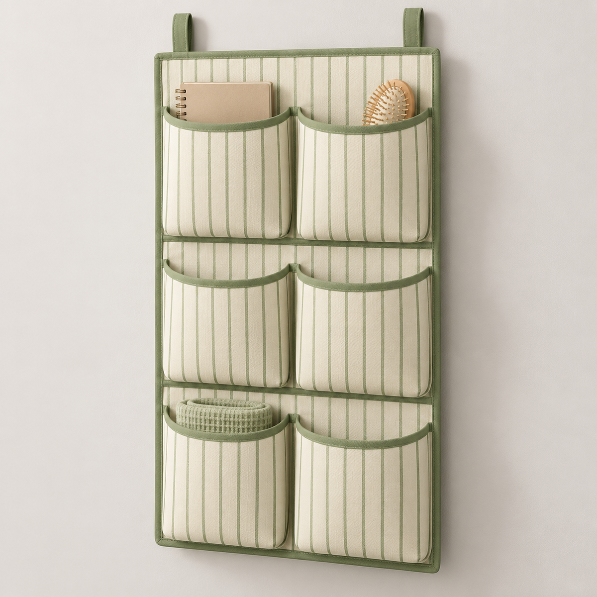 Sage Stripe 6-Pocket Hanging Storage Organiser showing pocket openings and hanging structure