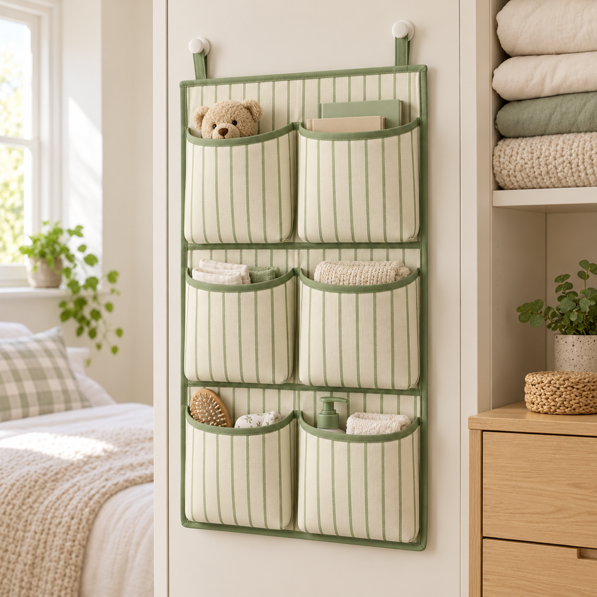 Sage Stripe 6-Pocket Hanging Storage Organiser in a bedroom storage setting