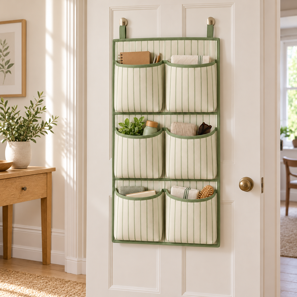 Sage Stripe 6-Pocket Hanging Storage Organiser in a home organisation setting