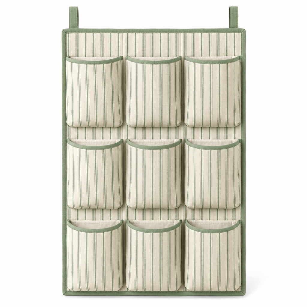 Sage Stripe 9-Pocket Hanging Storage Organiser on a white background