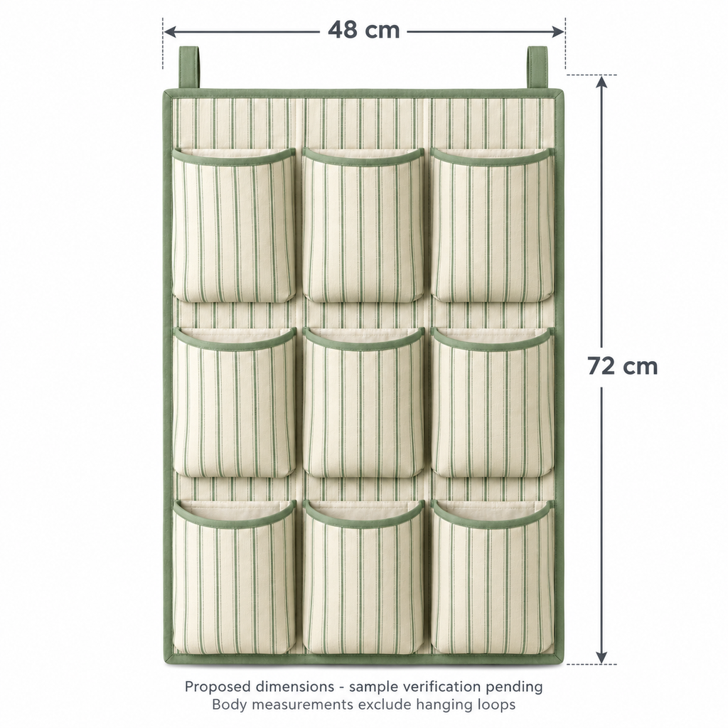 Sage Stripe 9-Pocket Hanging Storage Organiser showing proposed design dimensions