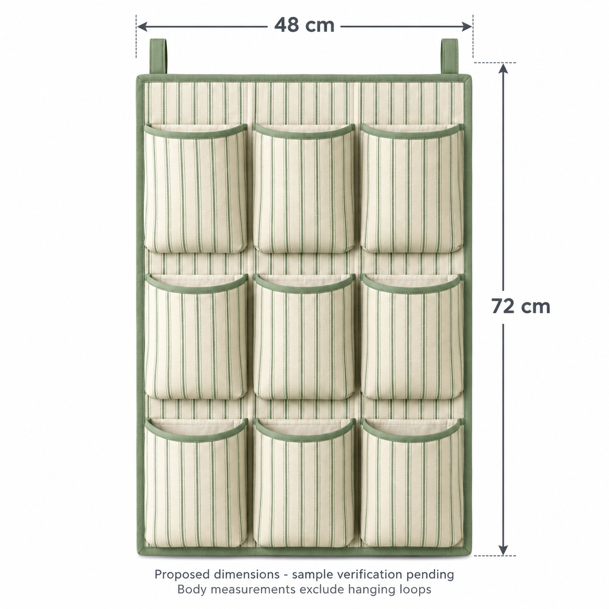 Sage Stripe 9-Pocket Hanging Storage Organiser showing proposed design dimensions