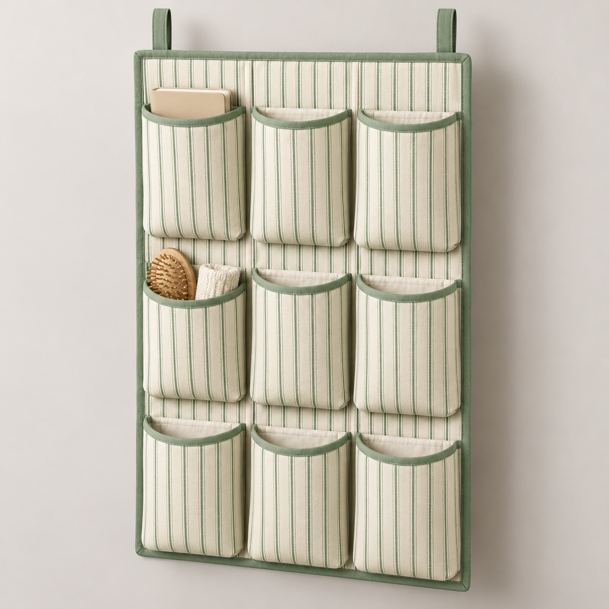 Sage Stripe 9-Pocket Hanging Storage Organiser showing pocket openings and hanging structure