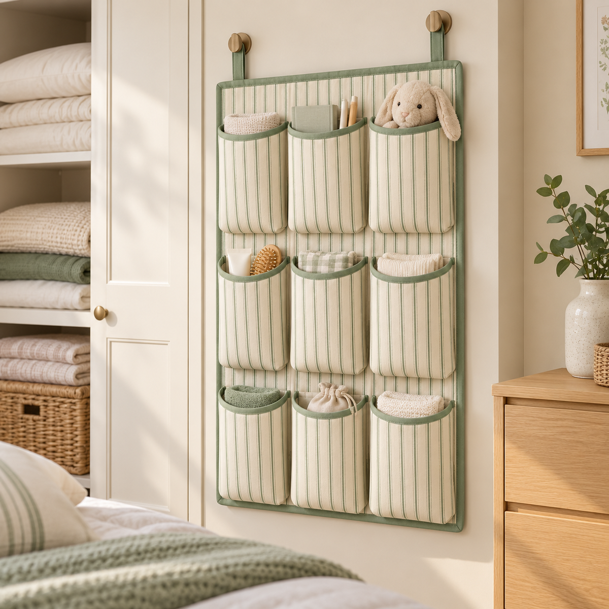 Sage Stripe 9-Pocket Hanging Storage Organiser in a bedroom storage setting