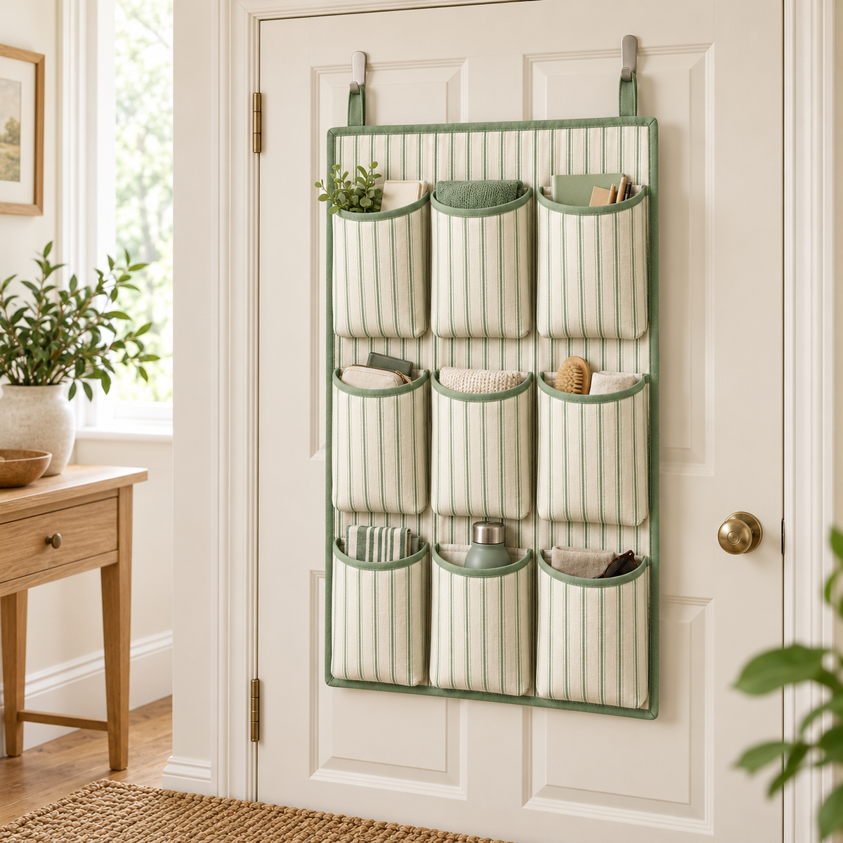 Sage Stripe 9-Pocket Hanging Storage Organiser in a home organisation setting