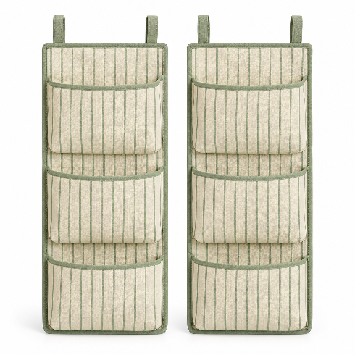 Sage Stripe 3-Pocket Hanging Storage Organiser, 2-Piece Set on a white background